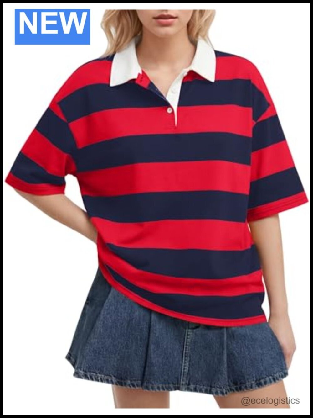 Oversized Striped Rugby Polo Shirt Short Sleeve Cotton Blend Lapel V Neck Tee